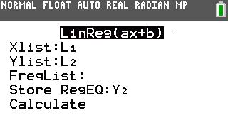 [STAT][CALC] 4:LinReg Zur Verfügung stehen folgende Funktionstypen: 4:/8:LinReg y=ax+b 5:QuadReg y=ax 2 +bx+c 6:CubicReg y=ax