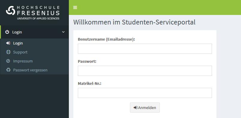 Zugang zu den Onlineportalen Der Login zu den Onlineportalen der Hochschule Fresenius (Serviceportal, Email & Ilias) erfolgt mit der kompletten Email-Adresse und dem Email-Kennwort.