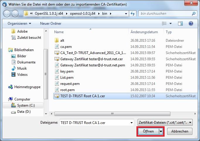 Navigieren Sie an den Ablageort des Zertifikates der Stammzertifizierungsstelle.