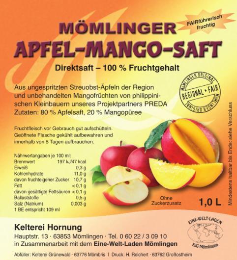 Umsetzung: Apfel-Mango-Saft Regional und Fair Ökologische Äpfel von heimischen Streuobstwiesen ->Erhalt
