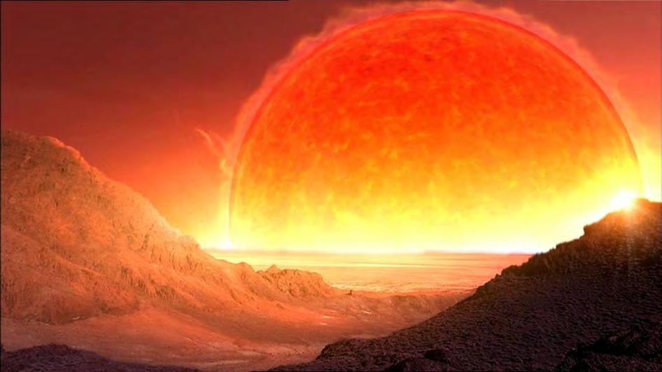 Sonnenaufgang in 4 Milliarden Jahren Unsere Sonne wird sich zum Roten Riesen aufblähen, schließlich ihre Hülle abwerfen und im Kern zu