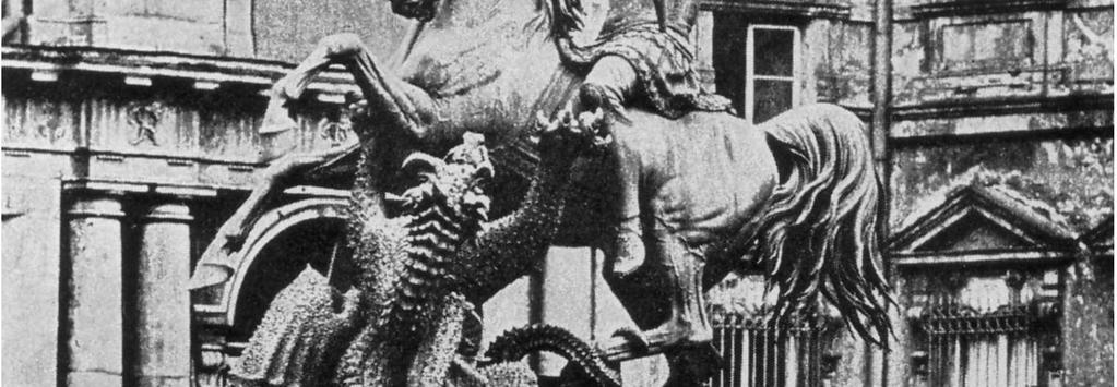 Hoch bäumt sich das Pferd über dem wehrlos am Boden liegenden Drachen auf, der von Georgs Lanze bedroht wird.