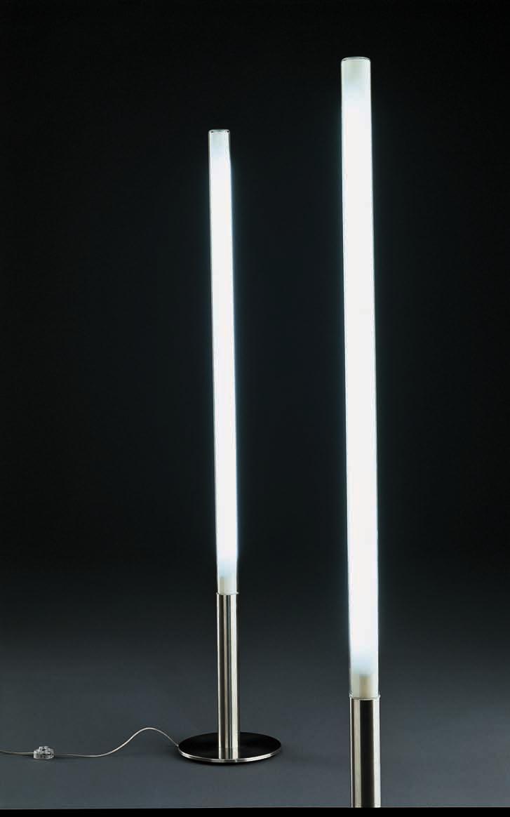 TEDA Ferdi Giardini 2002 TEDA 332 Lampada da terra a luce diretta e diffusa. Struttura in acciaio inox satinato. Diffusore in PMMA opale satinato. Copri diffusore in vetro pyrex trasparente.