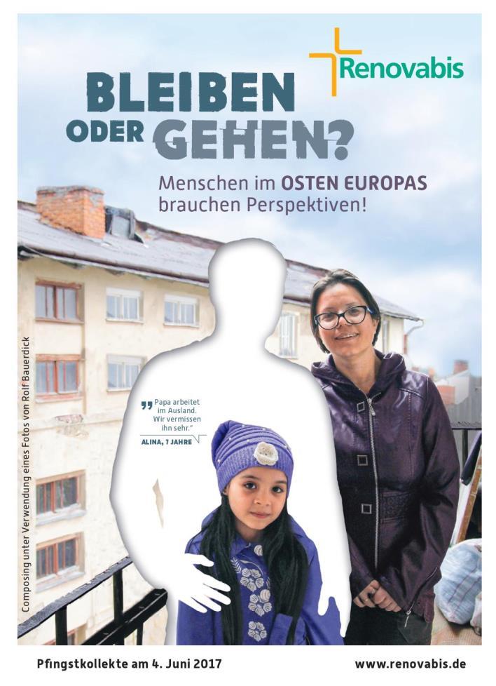 Das diesjährige Plakat der Pfingstaktion zeigt ein Mädchen und seine Mutter, eine Leerstelle im Bild verweist auf den Vater, der im Ausland arbeitet - er fehlt einfach.