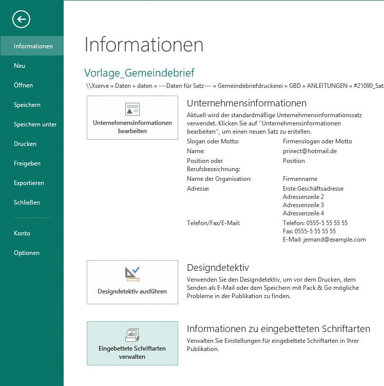 1. Einstellungen 1. 1. Farbraum und Schriften Für den PDF-Export aus Publisher 2013 brauchen Sie den Farbraum nicht mehr einstellen. Es steht im Programm nur der Farbmodus RGB zur Verfügung.