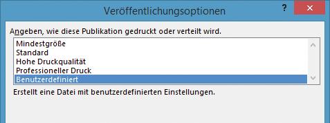 Speichern Speichern Sie sehen nun das Fenster Veröffentlichungsoptionen. Dort wählen Sie den Eintrag Benutzerdefiniert aus.