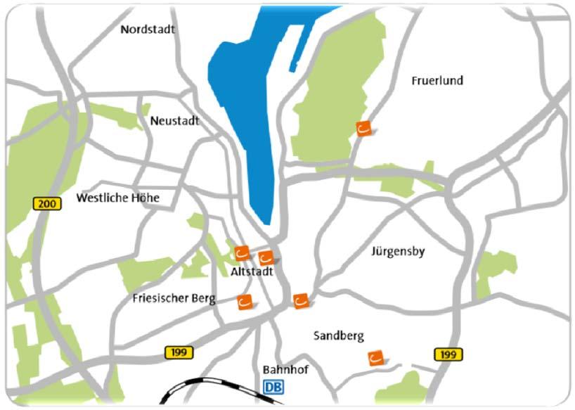 Flensburg (Stand Ende 01.2017) - 14 Fahrzeuge an 6 Stationen - 705 Kunden (50% Unternehmen und Verwaltung, mit ca.