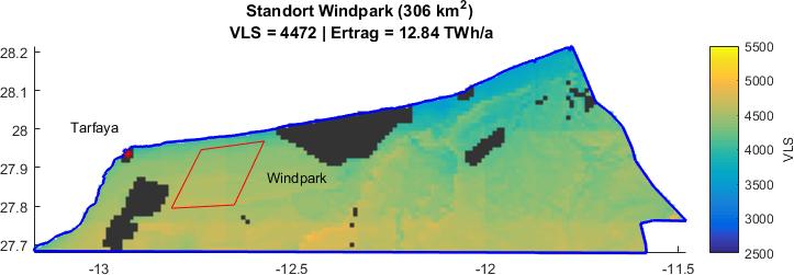 Küstenentfernung, Mindestwindgeschwindigkeit 56 km 11,3 TWh PtL 190 km Gesamtfläche: 6581 km²