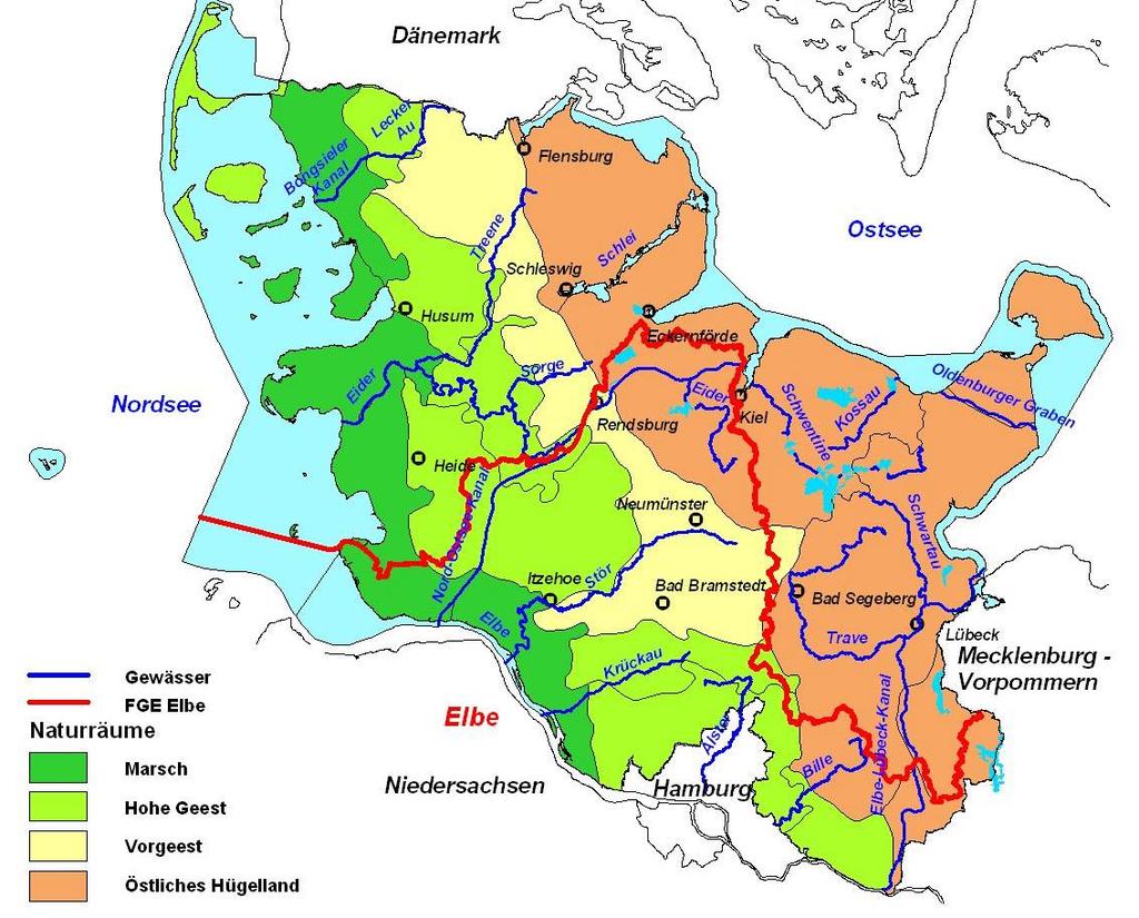 Abb. 5: Naturräumliche Gliederung Schleswig-Holsteins mit den Grenzen des SH Anteils der FGE Elbe Die Hauptgewässer, deren Einzugsgebiete auch die weitere Untergliederung dieser FGE in