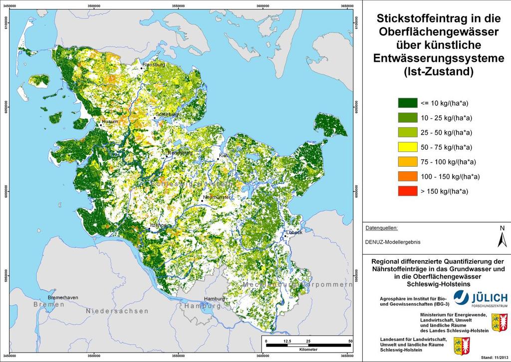 Abb. 12: Stickstoffeinträge über künstliche Entwässerungssysteme in Schleswig-Holstein.
