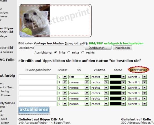 Tragen Sie bitte, falls gewünscht, Text in die einzelnen Zeilen ein und klicken Sie anschließend wieder auf "aktualisieren", um die Druckvorschau zu sehen.