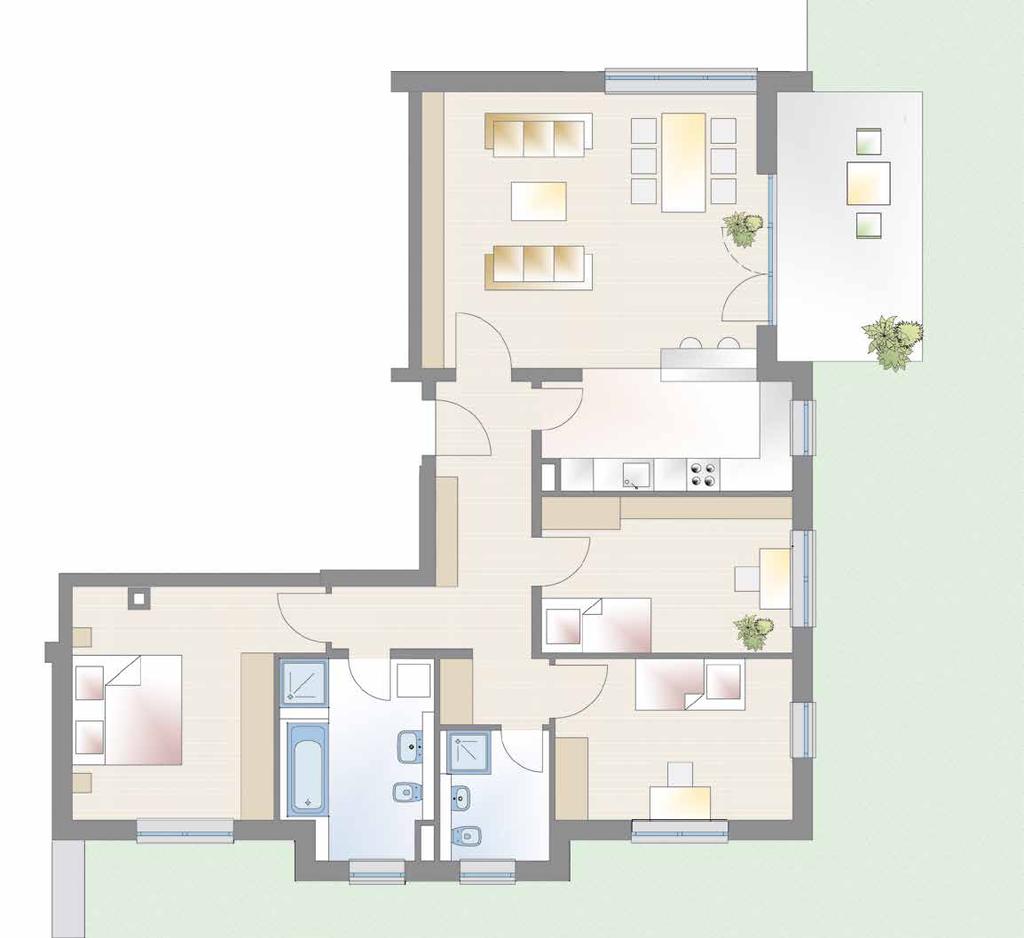 DIE GRUNDRISSE Wohnung 2 4-Zimmer, Erdgeschoss 2 Wohnen/Essen 31,09 m² Küche 9,64