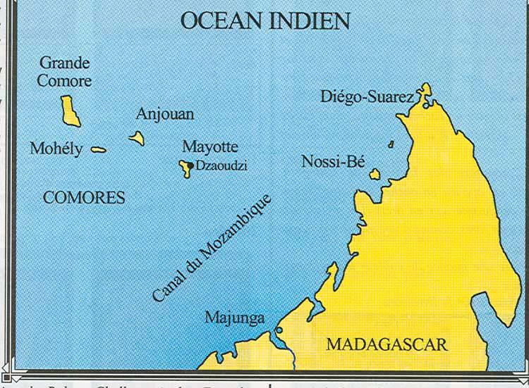 Die Komoren Mayotte, Anjouan, Groß-Komoro und Moheli anfangs von Diego Suarez