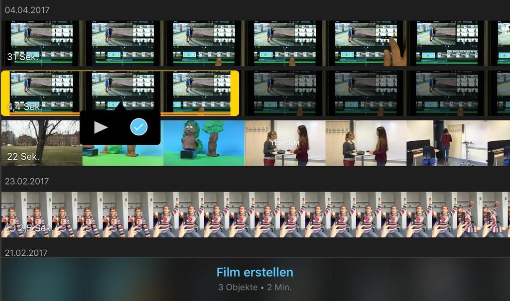 4. Wenn Sie alle Medien ausgewählt haben und dann unten auf Film erstellen tippen werden die Medien in der Reihenfolge, in der Sie sie ausgewählt haben