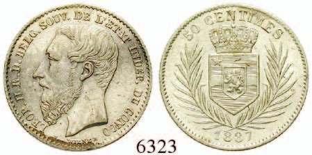 ss BELGISCH-KONGO 6323 Leopold II., 1865-1909 50 Centimes 1887. KM 5.