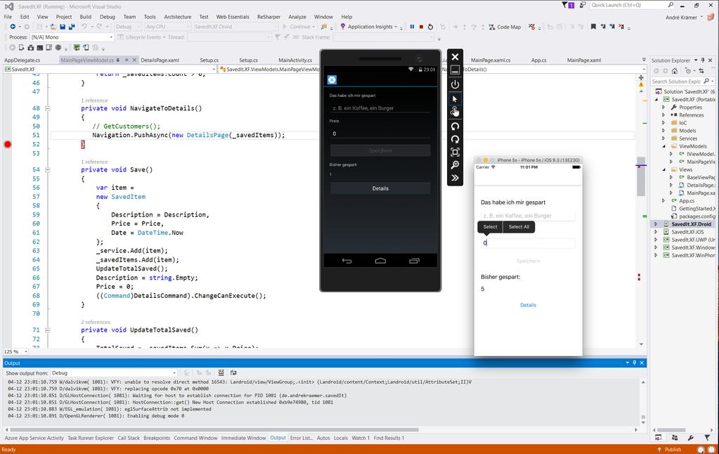 Visual Studio Integration In einersolution: ios Android Universal Windows