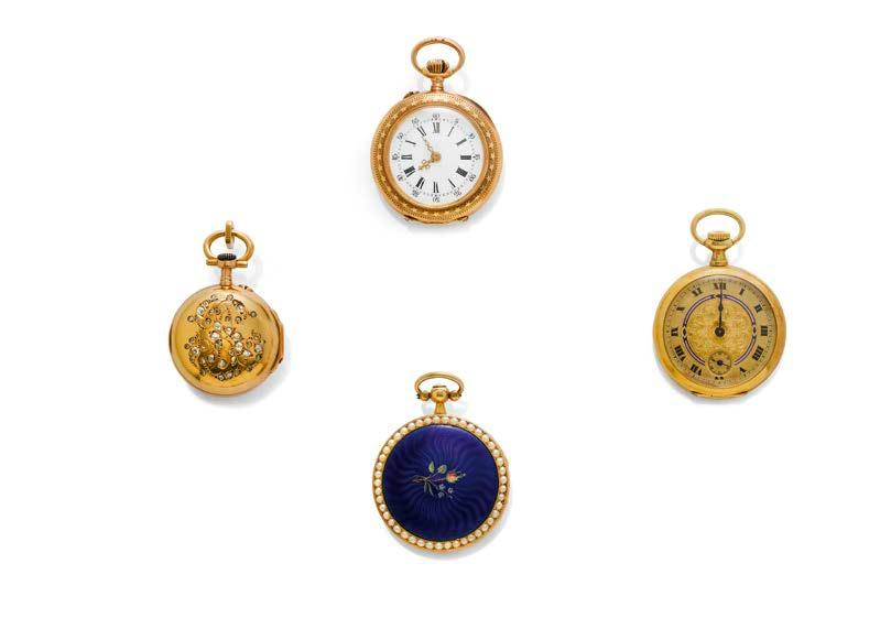 Schmuck & Armbanduhren 2303 2304 2305 2306 2304 DIAMANT-MINI-ANHÄNGERUHR, Frankreich, um 1890. Gelbgold. Poliertes Mini-Gehäuse Nr. 1749, verziert auf der Rückseite mit diamantbesetztem Monogramm.