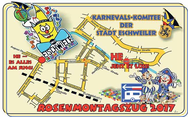 Karnevals-Komitee der Stadt Eschweiler e.v. Rosenmontagszug 2017 Zugmotto: Aufstellungsbereich: Eschwiele - De Kopp voll jecke Tön! Indestraße, Peilsgasse, Uferstraße, Martin-Luther-Straße, Arndtstr.