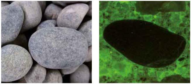 Eigenschaften der rezyklierten Gesteinskörnung Natürliches Gesteinskorn (oben links) und rezykliertes
