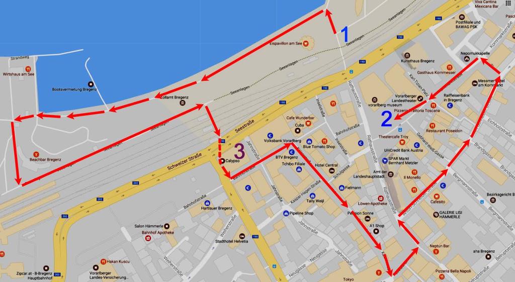 Routenplan der Parade Routenbeschreibung 1 - Sammelplatz und Paradenstart: Ab 15.30 Uhr: Ort: Sammeln und Paradenaufstellung Seeanlage Bregenz beim Eispavillon am See (neben Hafen) Paraden-Route: 16.