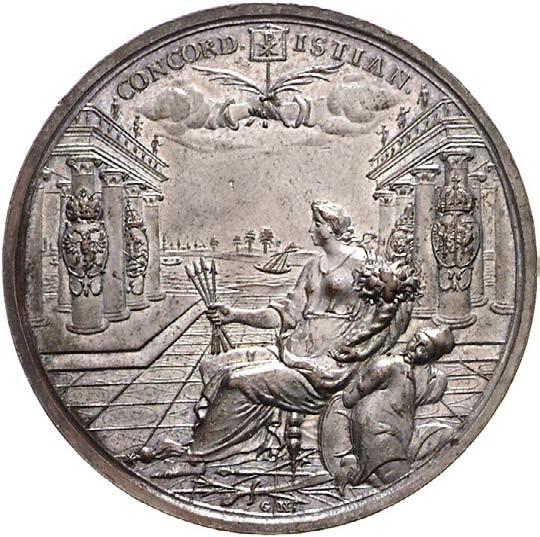 1277 1279 1277 Versilberte Bronzemedaille 1687, von Hautsch und Lauffer.