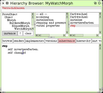 3.12 MyWatchMorph eine neue Klasse senders und implementors im (Hierarchy) Browser Wählt eine Methode im Browser aus, z. B. MyWatchMorph»step.
