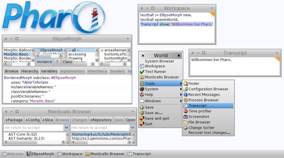 5.2.4 Pharo Werkzeuge System-Browser Zugriff auf den Quelltext aller Klassen das Programmierwerkzeug Workspace Aufruf oder interaktives Ausprobieren von Smalltalk-Code Transcript ein