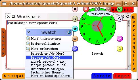 3.11 Der Browser Öffnet ein neues Projekt und darin einen Workspace. Schreibt die Zeile WatchMorph new openinworld. in den Workspace und führt sie aus (do it).