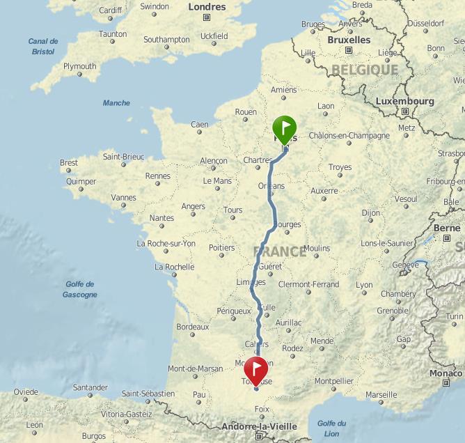 Paris / Toulouse 679 km - Fahrtdauer: 9