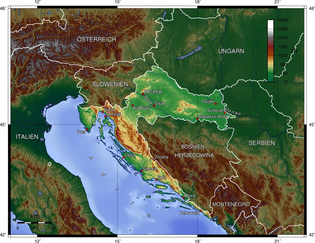 Kroatien Geographie II Orographie Einteilung in geographische Räume Gebiet Slawonien: Pannonische Tiefebene mit Mittelgebirge (100 1000 m), Psunj 984 m Dinarische Gebirgsregion: Mittel- bis