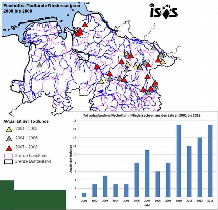 Die Karte der tot aufgefundenen Fischotter in Niedersachsen spiegelt das