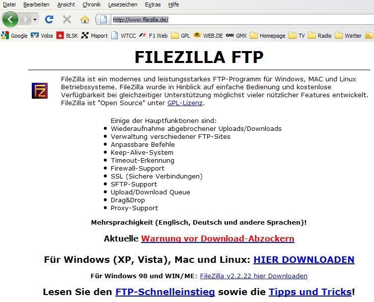 1 Download des Programms Man sucht die Internetseite www.filezilla.de auf.