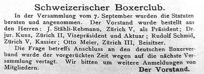 Hier steht es schwarz auf weiss, am 7. September gründen die Zürcher den Schweizerischen Boxer-Club. Es ist vollbracht. Der SBC ist geboren. 11 Gründungsmitglieder waren da. Wo?