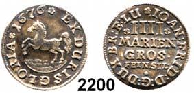 , sehr schön 125,- 2198 2 Mariengroschen 1675 mit Roß, Clausthal. 1,11 g (Feinsilber). Welter 1798.