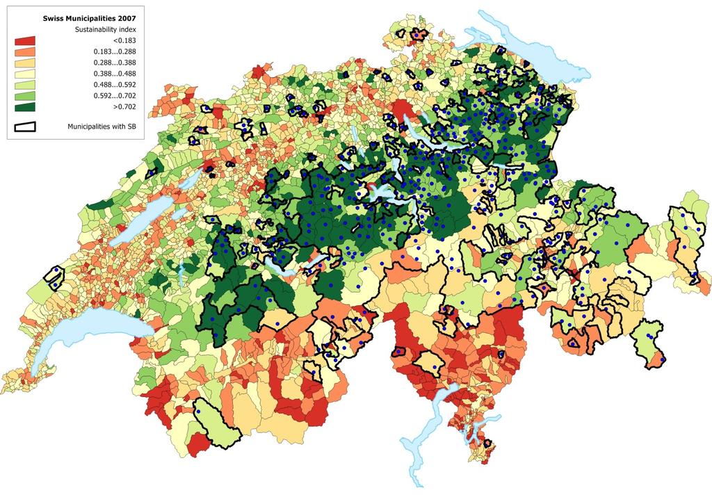 Abbildung: Nachhaltigkeitsindices (hoch: dunkelgrün; tief dunkelrot) für die verschiedenen Gemeinden der