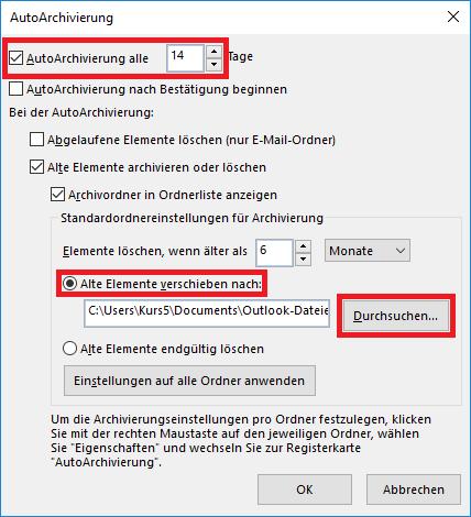 Exchange mit Outlook 2016 Seite 40 von 54 Abb. 58: Dialogfeld AutoArchivierung Das Kontrollkästchen AutoArchivierung nach Bestätigung beginnen können Sie deaktivieren.