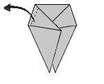 Dann faltest Du die Oberkante des Dreieckes so, dass sie sich danach ungefähr dort befindet, wo auf der Zeichnung die