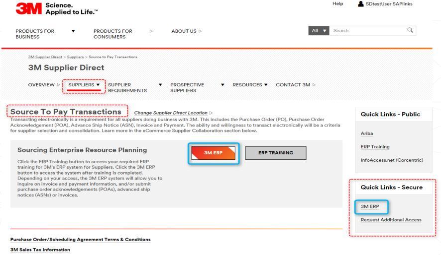 Melden Sie sich bei SNC an (Fortsetzung) Klicken Sie im Bereich Quick Links rechts auf der Seite auf den Link 3M ERP, um auf SNC zuzugreifen.