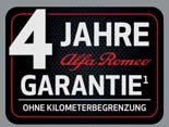 1 2 Jahre Fahrzeuggarantie und 2 Jahre gleichwertige Alfa Romeo Neuwagenanschluss garantie inkl. europaweiter Mobilitätsgarantie der Allianz Versicherungs-AG gemäß ihren Bedingungen.
