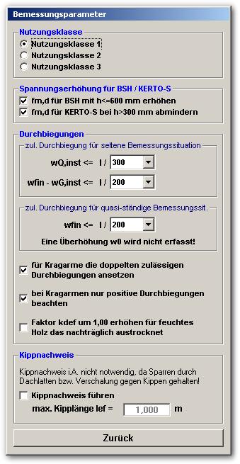 Die Bemessungsparameter Bei Klick auf den Button Bemessungsparameter zeigt sich folgendes Fenster: Nutzungsklasse Bei der Nutzungsklasse (NKL) wird der Feuchtegehalt im Holz während der Nutzung
