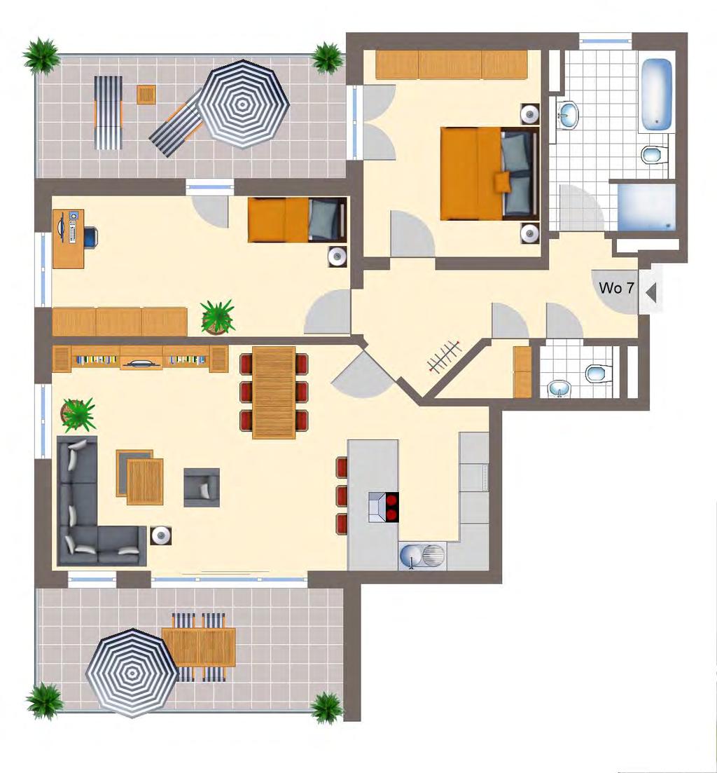 Wohnung 7 OG 3 Zimmer: Wohnen/Kochen Eltern ca. 35,87 m² ca. 14,48 m² Kind ca. 16,33 m² Flur ca. 9,61 m² Bad ca. 8,63 m² WC ca. 1,69 m² Abst.