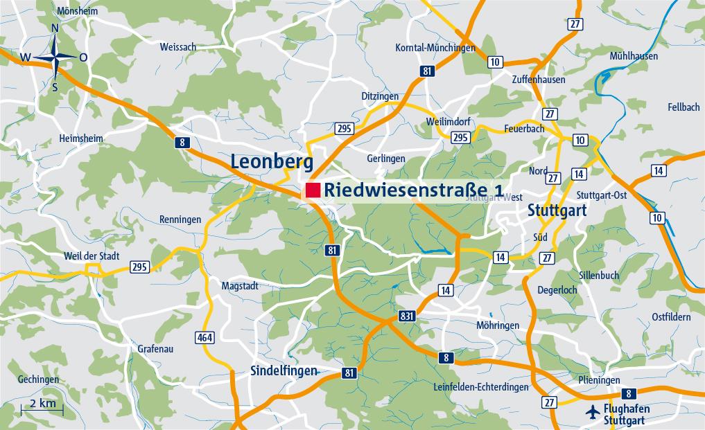 Standort Leonberg liegt etwa 13 Kilometer westlich von Stuttgart. Mit etwa 45.