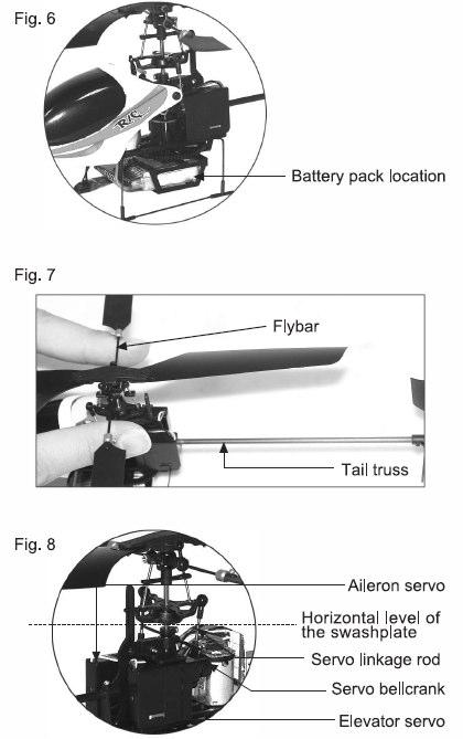 Akku Einbau und Justierung 1. Akku Einbau. Plazieren Sie den Akku an der dafür vorgesehenen Stelle Ihres Helikopters (Fig. 6) 2. Schwerpunkt.