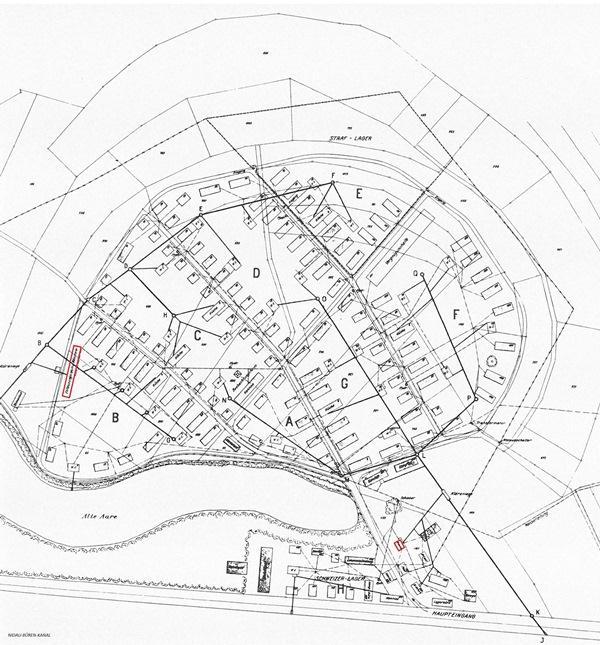 Originalplan des Polnischen Interniertenlagers im Häftli, 1940. Entworfen von Ingenieur und Oberst F. Rothpletz aus Aarau und gezeichnet von W.