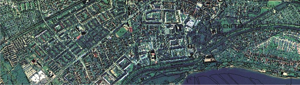 Stadtgebiet von Senftenberg heute mit Gewässernetz um 2000