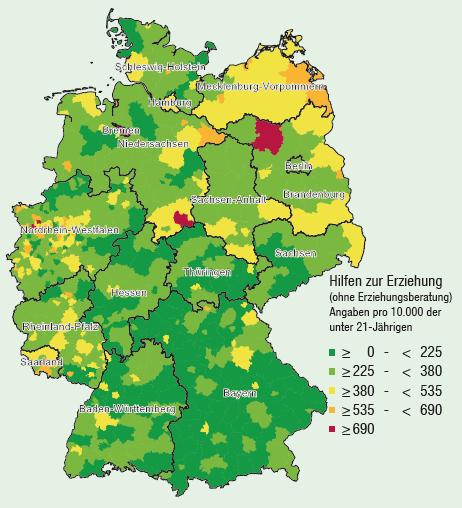 Inanspruchnahme von Hilfen zur Erziehung (einschließlich der Hilfen für junge Volljährige, ohne Erziehungsberatung) nach Jugendamtsbezirken (Deutschland; 2014; Aufsummierung der zum 31.12.