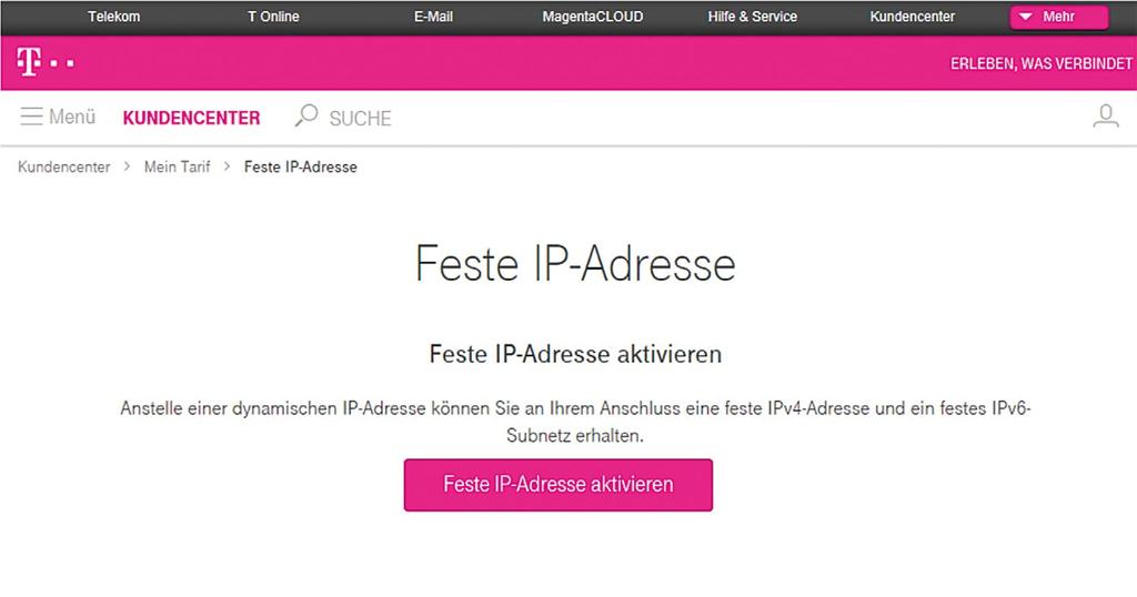1. eine Feste IP-Adresse aktivieren Bitte loggen Sie sich in das Kundencenter Festnetz (www.telekom.