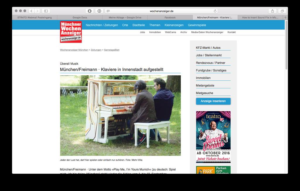 München/Freimann - Klaviere in Innenstadt aufgestellt Artikel vom Münchner Wochenanzeiger am