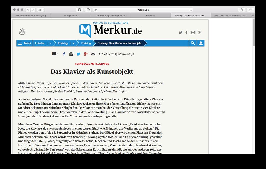 Das Klavier als Kunstobjekt Artikel vom Münchner Merkur am 23.08.2016 14:42 Uhr http://www.