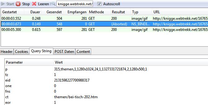 1.1 HttpFox Filterung der Requests auf Trackdomain sinnvoll z.b. knigge.webtrekk.net.